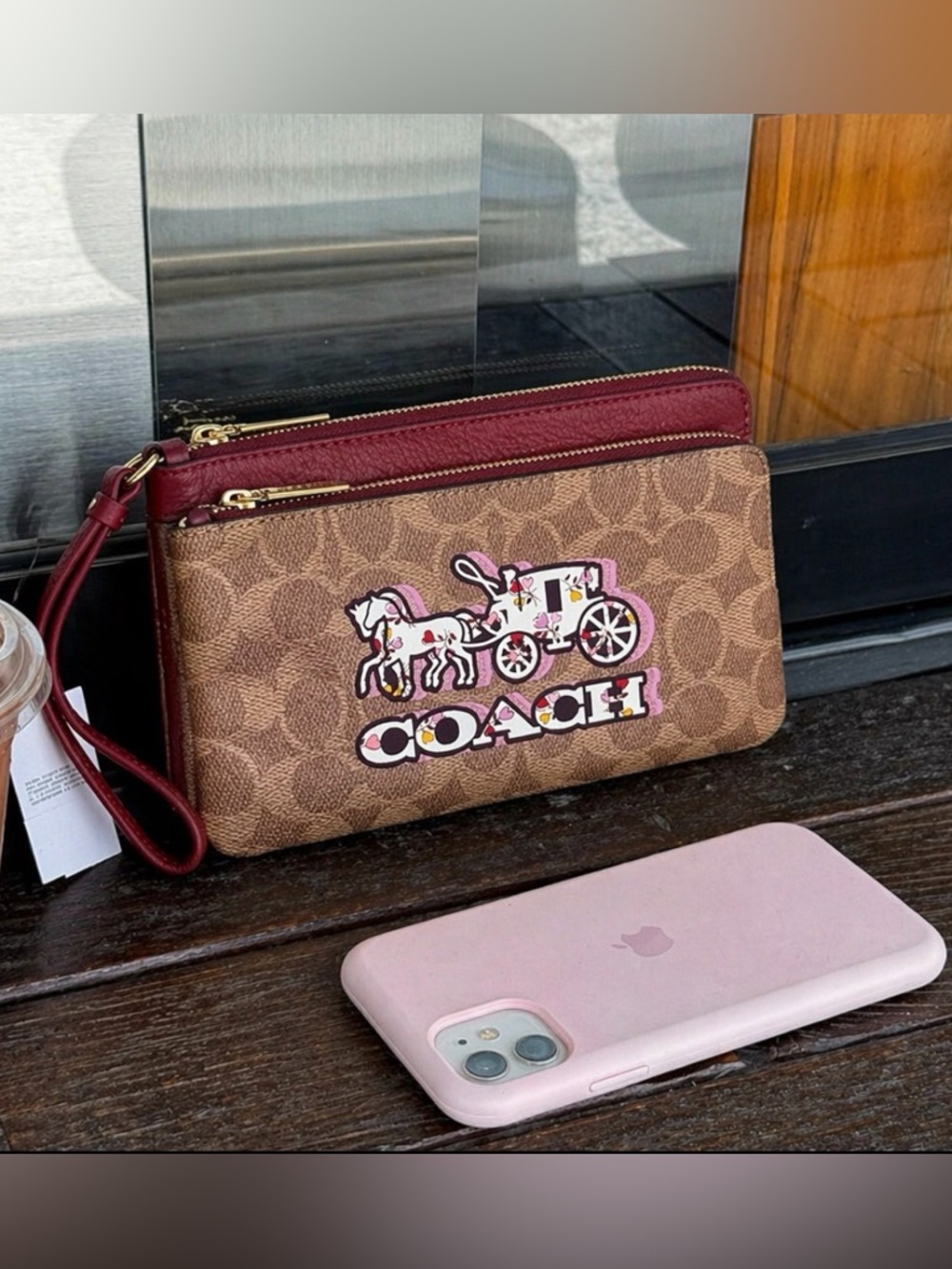 NWT COACH Double Zip Wallet In Signature Canvas With Horse And Carriage Print